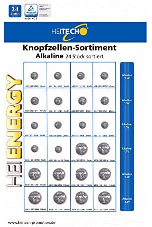 Heitech, confezione da 24 pile alcaline a bottone – 4 batterie a bottone AG1 / 4 X AG3 / 6 X AG4 / 6 X AG10 / 4 X AG13 – 1,5 V a tenuta stagna e con lunga durata