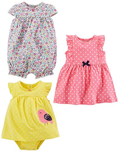 Simple Joys by Carter's 3-Pack Romper, Sunsuit and Dress Infant Toddler, Blanc Fleuri/Jaune Oiseau/Rose Points, 24 Mois (Lot de 3) Bébé Fille