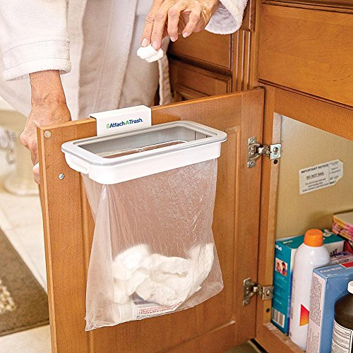 Attach a Trash - cestino supporto per sacchetti spazzatura sospeso dei rifiuti con clip montaggio su qualunque anta, cassetto o porta con larghezza max di 15mm