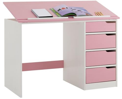 IDIMEX Bureau Enfant Emma Bureau avec Rangement 4 tiroirs et Plateau inclinable, Style scandinave, en pin Massif lasuré Blanc et Rose