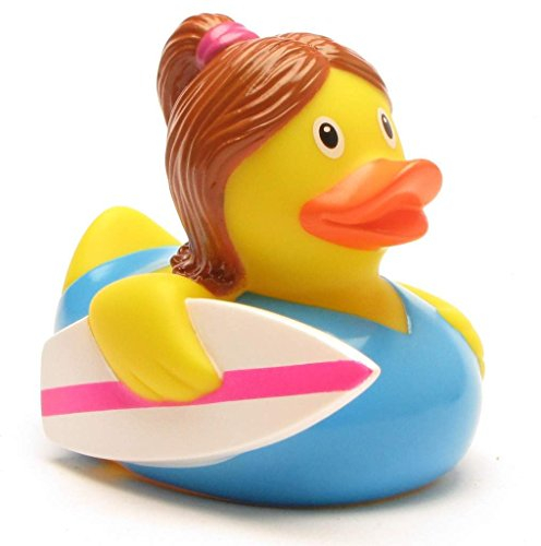 Surfer Girl Badeente I Quietscheentchen I L: 8,5 cm I inkl. Badeenten-Schlüsselanhänger im Set