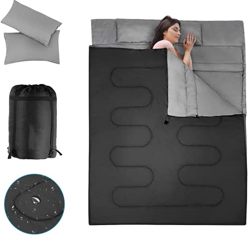 COSTWAY Double Sleeping Bag, Extra Large - 220 x 150 cm - Converts into 2 Singles, Waterproof Sleeping Bag with Free Pillows and Carrying Bag for Camping, Hiking