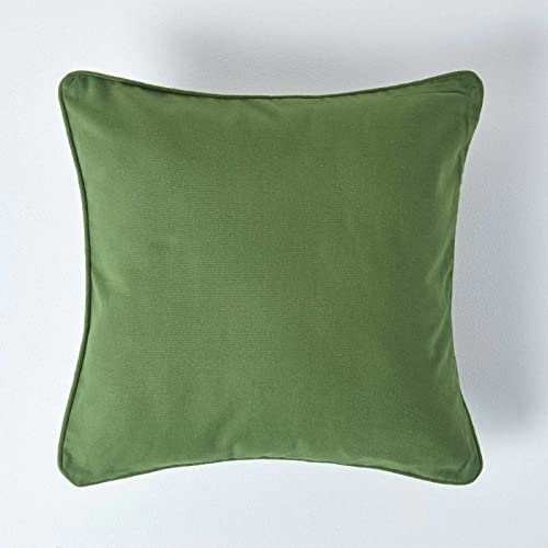 Homescapes grüne Kissenhülle 45 x 45 cm, Deko-Kissenbezug mit Reißverschluss aus 100% Baumwolle, unifarbener Zierkissenbezug für Dekokissen und Sofakissen, Dunkles olivgrün