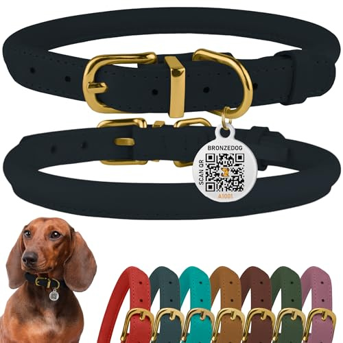 BRONZEDOG Rolled Leather Dog Collar with QR ID Tag Adjustable Soft Round Collars for Small Medium Large Dogs Puppy Cat (23-28 cm, Dark Blue)