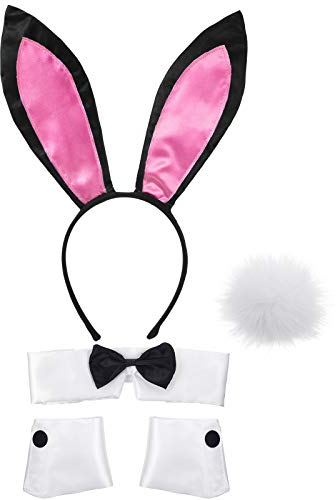 SATINIOR Frauen Hasen Zubehör Set Kaninchenohr Stirnband Kragen Fliege Kostüm Manschetten Kaninchen Schwanz für Halloween Weihnachten Kostüm Cosplay Party (Rosa)