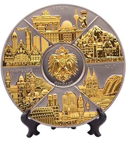 Wandteller metall Deutschland Durchmesser 14cm Souvenir als Geschenk (Silber-Gold, Durchmesser: 14cm)