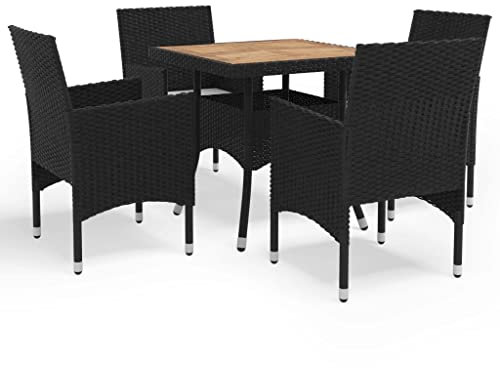 vidaXL Akazienholz Gartenmöbel 5-TLG. Gartengarnitur Sitzgruppe Gartenset Sitzgarnitur Gartentisch Esstisch Stühle Tisch Sessel Schwarz Poly Rattan