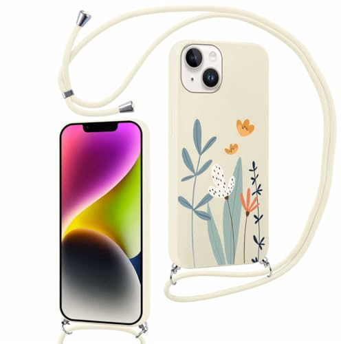 Yoedge Schutzhülle für iPhone 13 mit Kordel, 6,1 Zoll, dünn, weich, Silikon, TPU, Schutzhülle mit ästhetischem Blumenmotiv, stoßfest, Bumper mit verstellbarem Lanyard für iPhone 13