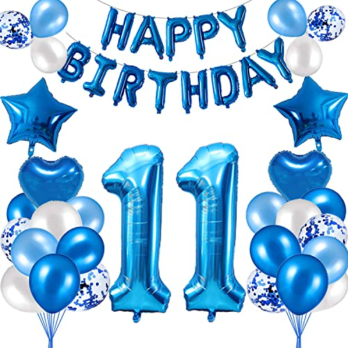 HCRXVV 11. Geburtstag Dekoration Blau 11 Jahr Jungen Geburtstagsdeko Set,Blaue Happy Birthday Girlande Banner Folienballon Jungen Party Deko Geburtstag Party für Wohnzimmer,Luftballons Zahl 11 Blau