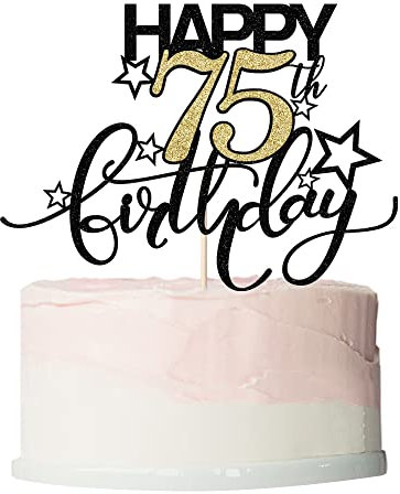 Bekaterea Happy Birthday Cake Topper,Black font Golden Numbers 75th Birthday Cake Decoration，Hello 75, Cheers to 75Years/75th Anniversary ，75& Fabulous Party Decoration