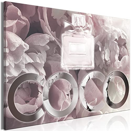 murando - Wandbilder XXL Blumen Päonie 120x80 cm Leinwandbild 1 tlg Kunstdruck modern Wanbilder XXL Wanddekoration Design Wand Bild Parfüm Aufschrift Parfüm Fashion rosa n-A-10012-b-a