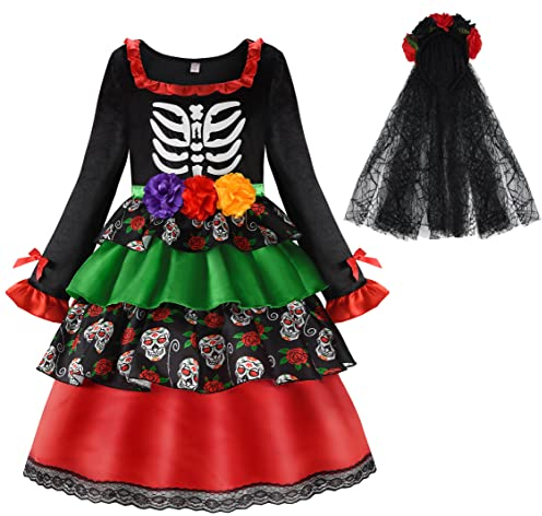 ReliBeauty Tag der Toten Day of The Death Kostüm Kinder Mädchen mit Kopfschmuck,150