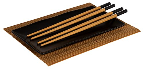 BAKAJI Juego de 5 piezas para 2 personas con 2 pares de palillos cubiertos, 1 plato, 1 alfombra, idea de regalo, diseño de estilo oriental, ideal para amantes de la comida étnica
