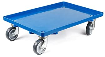 Transportroller für Euroboxen 60x40cm mit Gummiräder blau | Geschlossenes Deck | 2 Lenkrollen & 2 Bremsrollen | Traglast 300kg | Kistenroller Logistikroller Rollwagen Profi-Fahrgestell
