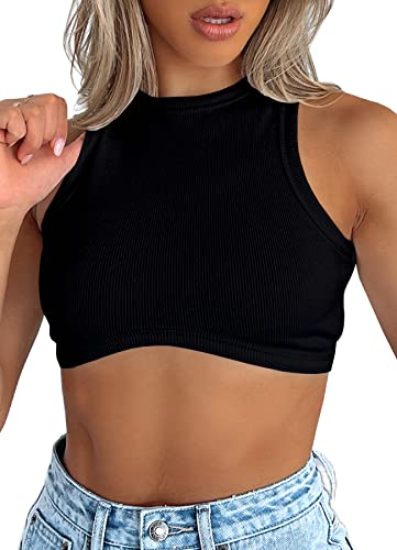 Navneet Tank Top Crop Tops Damen Gerippt Bauchfreies Oberteil Ärmellos Party Oberteile Sommer Basic Cropped Top Shirt Schwarz XS