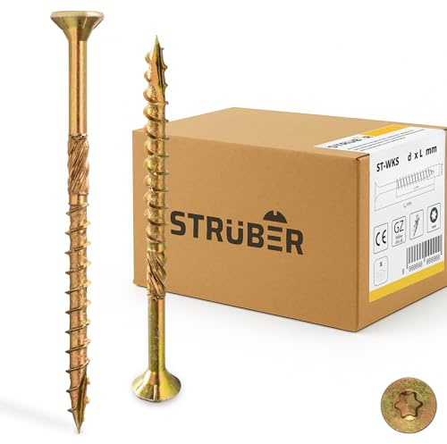 STRÜBER Holzschrauben Spanplattenschrauben Torx 3,5 x 30 mm, 200 Stück | Gelb verzinkt, Universalschrauben für Dachkonstruktionen, Senkkopf, TX-Antrieb, Cut-Spitze, Teilgewinde, inklusive TX-Bit