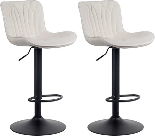 CLP 2er Set Barhocker Linus - Höhenverstellbare Barstühle - 360° Drehstühle Mit Rückenlehne Für Küche Und Bistro, Farbe:Creme, Material:Samt