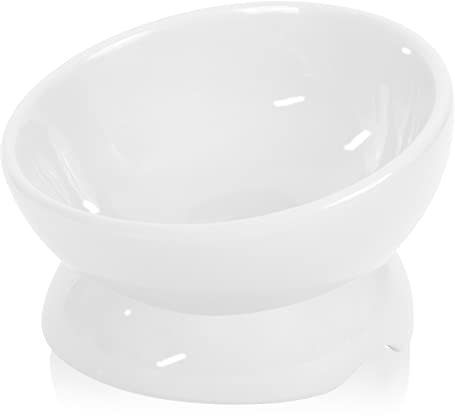 Ceramic Cat Bowls, Cat Food Bowls Elevated Tilted, Raised Pet Bowl Whisker Friendly, Anti Vomit & Reduce Neck Burden, Raised Pet Bowl for Food and Water (White)