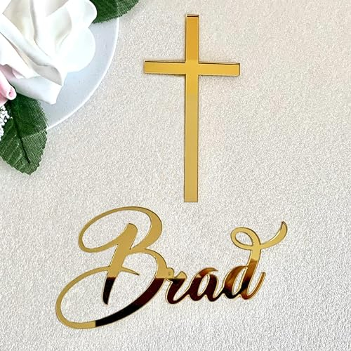 Personalised Name Cake Charm and Cross, Custom Christening Cake Topper, Baptism Cake Decor, Laser Cut Name, Cake Plaques, Mirrored Acrylic Cake Decorations, 1st Holy Communion, God Bless (Design 1)