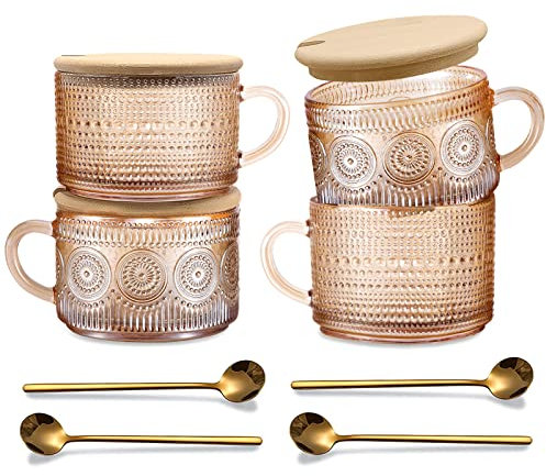 JVJRFQ Lot de 4 tasses à café vintage en verre ambré pour femme, 414 ml, tasses à thé en verre gaufré pour petit déjeuner, cappuccino, latte, yaourt, Noël, fête des mères, accessoires de café