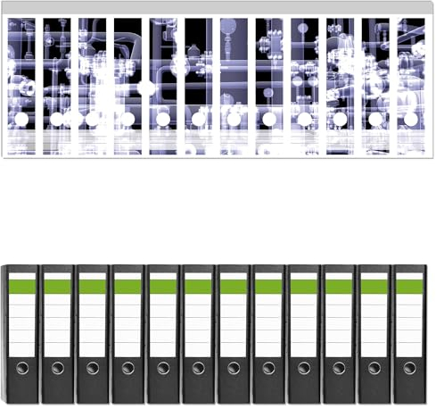 Wallario 12 Stück breite Ordner inkl. Klebeetiketten mit Motiv Transparente Maschine unter Röntgen mit Zahnrädern und Rohren - Set mit Rückenschildern/Ordnerrücken Stickern