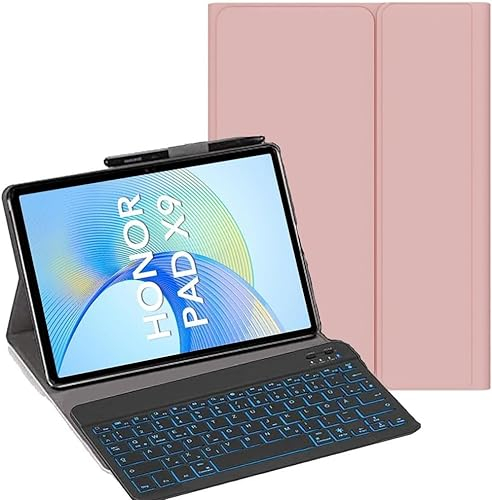 YHFZR Tastatur Hülle für Honor Pad X9a/ X9/ X9 Pro 11,5 Zoll, [QWERTY Layout] Ultraslim Hülle mit 7 Farben Beleuchtung Kabellose Tastatur mit Schützhülle, Rosa
