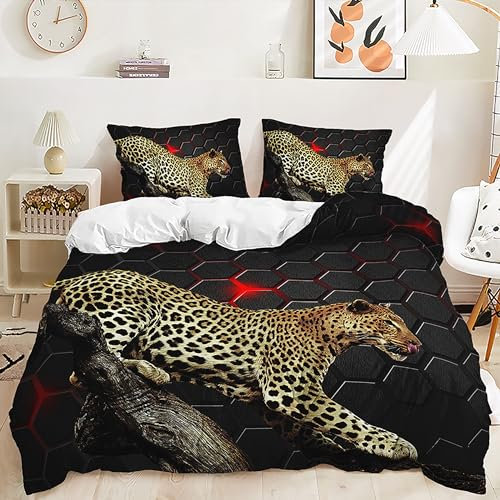 Yaofeiou Chic Tiermuster Leopard Bettwäsche 155x220 3teilig 3D Effekt Leopard Thema Bettwäsche Schwarz Weiß Wendebettwäsche Mikrofaser Bettbezug Tiermotiv Bettwaren-Set mit 2 Kissenbezug 80x80