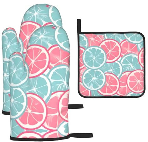 YYHHAOFA Ofenhandschuhe und Topflappen, Rosa / Blau, Zitrusscheiben, dicke und verbrühungshemmende Isolierung, 2 isolierte Handschuhe und eine Deckelmatte