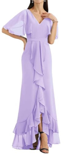 Vestidos de dama de honor con volantes asimétricos hasta el suelo, acampanados, de gasa, vestidos de invitados de boda para mujer, fiesta de noche, Lila, 36