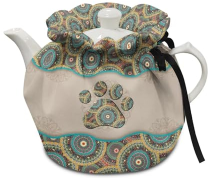 Poceacles Boho Mandala Dog Paw Print Tea Cosy for Teapot Insulated Heat Resistant Breakfast Warmer Tea Kettle with Adjustable Strap Washable Tea Pot Dust Cover for Keeping Warm