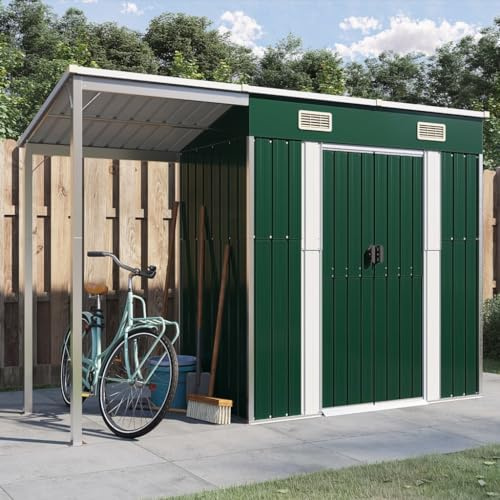 prissent Gartenhaus mit Schleppdach Grün 277x110,5x181 cm Stahl Gartenschrank Gartenschuppen Großer Geräteschuppen Gartenhaus Metall Gartengerätehaus Gartenhäuser Garden Shed Geratehaus Stahl