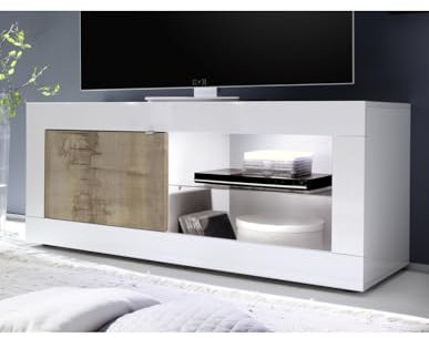 PRICE FACTORY just for you Meuble TV 1 Porte, Collection ISORA, Coloris Blanc laqué Brillant et chêne Clair