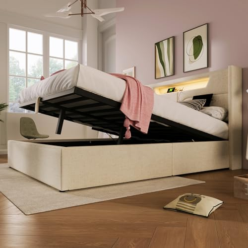 Merax Polsterbett 140x200cm, Doppelbett mit Stauraum und Lattenrost, LED Kopfteil mit USB Ladefunktion, Hydraulisch Stauraumbett Funktionsbetten Bettgestell, Leinen, Jugendbett, ohne Matratze, Beige
