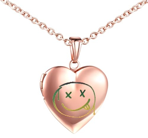 INFINIONLY Damen Mädchen Herz Medaillons Halskette Mode Edelstahl Ketten mit Kreatives Smiley Gesicht Anhänger Personalisierte Foto Kette Souvenir Anhänger