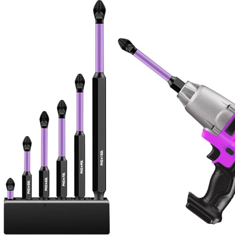 6Pcs Impact Driver Bits Set Improved Purple Long D1 Anti-Slip and Shock-Proof Bits with Phillips Screwdriver Strong Magnetic 25/50/65/70/90/150mm Drill Screw Bits for Family or Office
