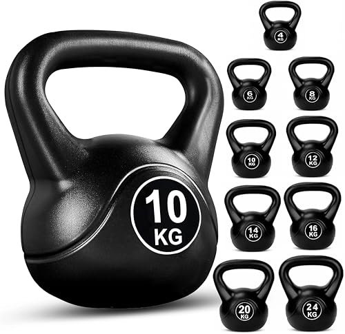 FK Sports Kettlebells | Heavy Weight Vinyl Kettle bells for Exercise Home Gym Workout | 4kg, 6kg, 8kg, 10kg, 12kg, 14kg, 16kg, 20kg, 24kg Kettlebell Weight for Women & Men (Black, 10 KG)