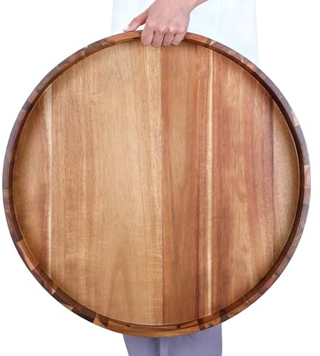 Extra Large 20INCH Premium Acacia Wood Tray Round Ottoman Tray with Handles Wooden Serving Tray Multi-Use for Dinner Breakfast in Bed Coffee Table Snack Entertaining Guests