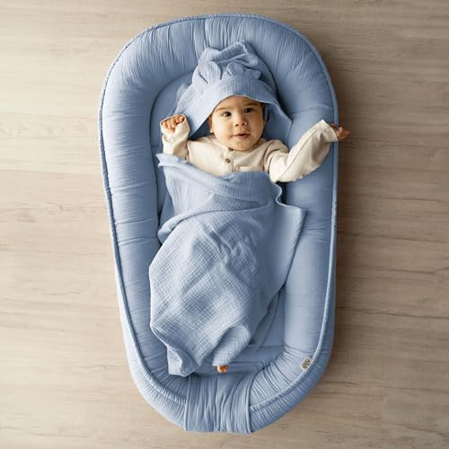 PaLulli Babynest aus 100% Musselin Baumwolle Premium Kuschelnest Babynestchen 100x60cm Klettverschluss-Klappe Nestchen Wickelauflage Kuschelbett Kokon für Babybett - Babys und Säuglinge … (Blau)