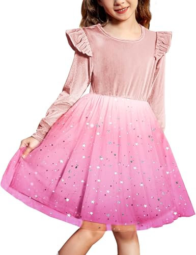 Arshiner Robes pour Filles en Velours Robes de Soirée pour Tout-Petits Automne Hiver Robe en Tulle Robe de Soirée Robe de Soirée pour Enfants Robe d'anniversaire Rose 3-4 Ans