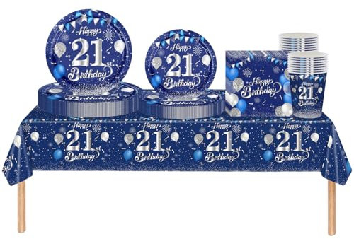 69pcs Navy Silver 21st Birthday Decorations for Boys & Girls, Tableware Set with Tablecloth, Paper Plates, Napkins, Serviettes, Cups for 21st Birthday Table Decoration