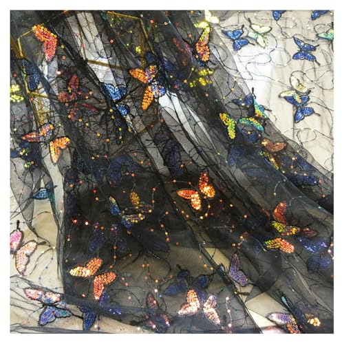 SMTCM Schmetterling Pailletten Tüllstoff 3 Yard*130CM Breit Schwarz Glitzer Bestickter Spitze Netzstoff Bunter Flitter Butterfly Dekostoff für Hintergrund Hochzeit Party Nähen von Kleider Tutu Röcken