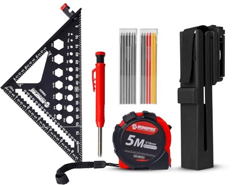 7In Rafter Square with Square Holder, Square Master, Rafter Square Holster for Tool Belt, Woodworking Pencil and Tape Measure, Carpenter Square Tools Set for Woodworking