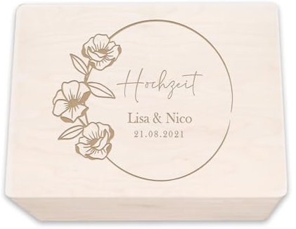 hellomini Personalisierte Erinnerungskiste aus Holz - Geschenk zur Hochzeit | Individuell mit Namen & Datum - Hochzeitsgeschenk/Hochzeitskiste (Blumenkranz, S: 30x20x14cm)