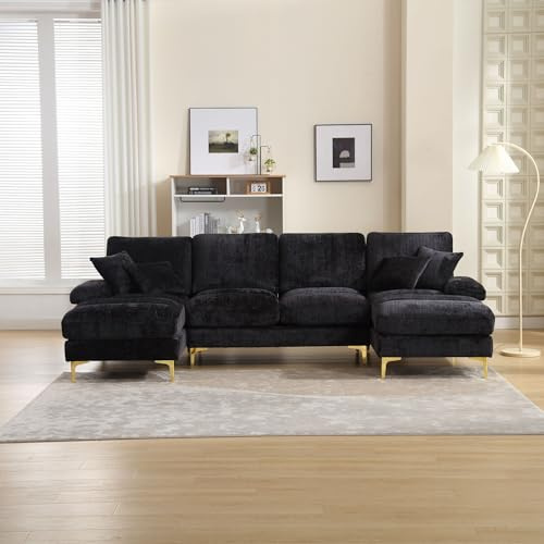 Sapgaks Großes modulares Sofa, modern, U-Form, Doppelschlafcouch, beliebig zusammenbaubar, Chenille-Stoff, ausziehbar, extra groß, für Wohnzimmer, Schwarz