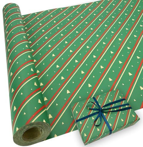Papier d'emballage cadeau Kraft de Noël: rouleau de papier d'emballage recyclable au design festif vert 43cm x 15m