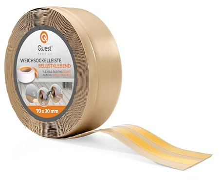 Quest Weichsockelleiste Selbstklebend, Abschlussleiste Breit - 70 mm x 20 mm - Sockelleiste PVC, Flexible Knickleiste für Wand, Boden - Dekorativ, UV-Beständig - 5 Meter, Sandfarbe