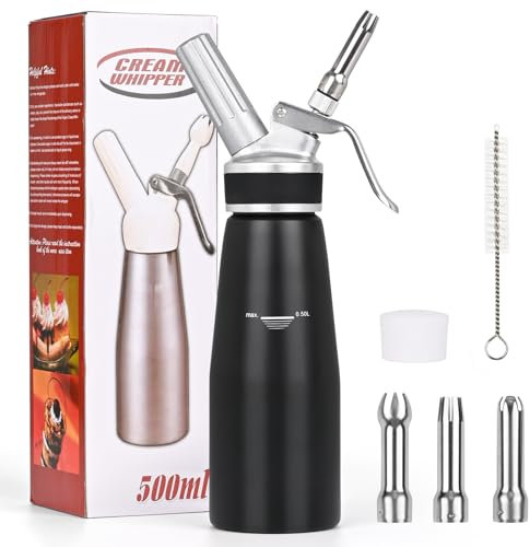 Gaethra Sifone per Cucina Alluminio 500ml, Sifone Panna, 3 Ugelli in Acciaio Inox, Sifoni da Cucina, Sifone Chantilly per la Preparazione di Panna, Panna e Dolci