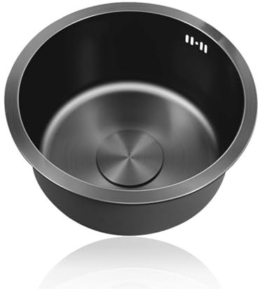 Lavello Cucina 1 Vasca Nero Lavandino Cucina Piccolo Lavabo Cucina In Acciaio Inox,Lavabo Tondo con Set Di Drenaggio,Installazione Appoggio o Sottopiano (Ø 25cm)
