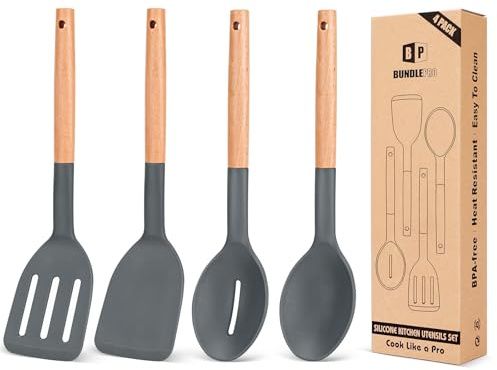 Pack von 4 Silikon Kochgeschirr Set, Antihaft feste Spatel und hitzebeständige geschlitzte Löffel mit Holzgriff, Ideal Holz Küchengeschirr Set zum Braten, Servieren, Drehen, Rühren (Grau)