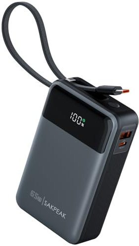 sakpeak Portable Charger with Built-in USB-C Cable, 65W 20000mAh High Capacity Laptop Power Bank, Digital Display, 3-Port Battery Pack for MacBook, iPad, iPhone 16/15Series, Samsung, Steam Deck